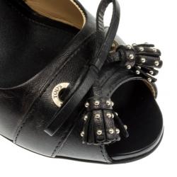 Pre Owned Tod's Black Leather Studded Tassel Bow Slingback Sandals Size 35.5