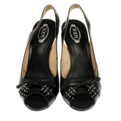 Pre Owned Tod's Black Leather Studded Tassel Bow Slingback Sandals Size 35.5