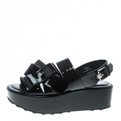 Pre Owned صندل تودز نعل سميك فتحة كعب جلد لامع أسود مقاس 36.5