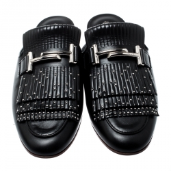 Pre Owned Tod's Black Leather Double T Studded Fringe Flat Mules Size 39