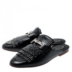 Pre Owned Tod's Black Leather Double T Studded Fringe Flat Mules Size 39
