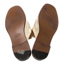 Pre Owned Tod's Metallic Gold Leather Double T Flat Loafer Slides Size 41