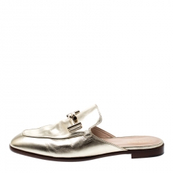 Pre Owned Tod's Metallic Gold Leather Double T Flat Loafer Slides Size 41