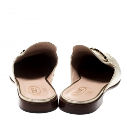 Pre Owned Tod's Metallic Gold Leather Double T Flat Loafer Slides Size 41
