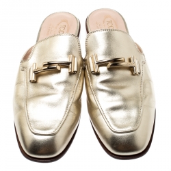 Pre Owned Tod's Metallic Gold Leather Double T Flat Loafer Slides Size 41