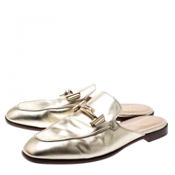 Pre Owned Tod's Metallic Gold Leather Double T Flat Loafer Slides Size 41