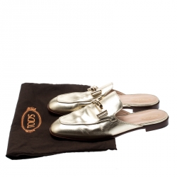 Pre Owned Tod's Metallic Gold Leather Double T Flat Loafer Slides Size 41