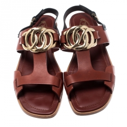 Pre Owned صندل فلات تودز مزين وصلات سلسلة جلد بني مقاس 37.5