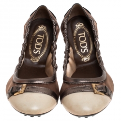 Pre Owned Tod's Metallic Bronze/White Satin And Leather Cap Toe Buckle Detail Scrunch Ballet Flats Size 37