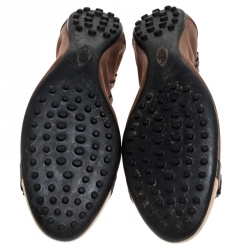 Pre Owned Tod's Metallic Bronze/White Satin And Leather Cap Toe Buckle Detail Scrunch Ballet Flats Size 37