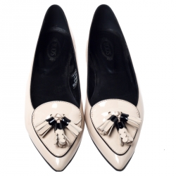 Pre Owned Tod's Beige Patent Leather Tassel Pointed Toe Ballet Flats Size 38