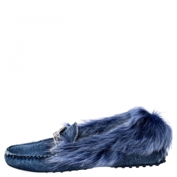 مملوكة مسبقًا حذاء لوفرز تودز بطانة فرو حرف T مزدوج سليب أون دنيم أزرق مقاس 37