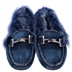 مملوكة مس بقًا حذاء لوفرز تودز بطانة فرو حرف T مزدوج سليب أون دنيم أزرق مقاس 37