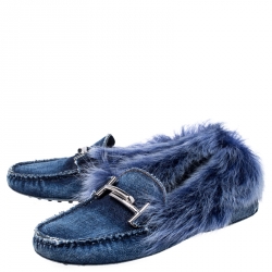 مملوكة مسبقًا حذاء لوفرز تودز بطانة فرو حرف T مزدوج سليب أون دنيم أزرق مقاس 37