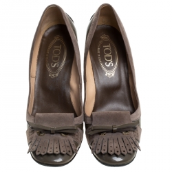 Pre Owned Tod's Brown Suede And Patent Leather Bow Fringe Loafer Pumps Size 38 