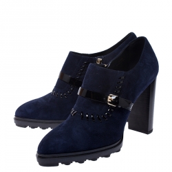 Pre Owned Tod's Navy Blue/Black Suede Whipstitch Detail Ankle Booties Size 40.5