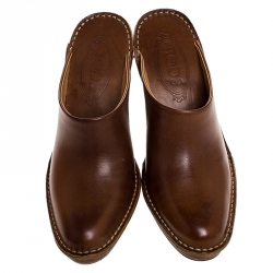 Pre Owned Tod's Tan Leather Platform Clog Mules Size 37.5