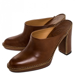 Pre Owned Tod's Tan Leather Platform Clog Mules Size 37.5