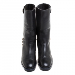 Pre Owned Tod's Black Leather Flat Mate Mid Calf Boots Size 37.5