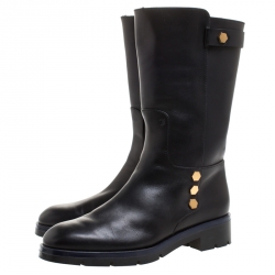 Pre Owned Tod's Black Leather Flat Mate Mid Calf Boots Size 37.5