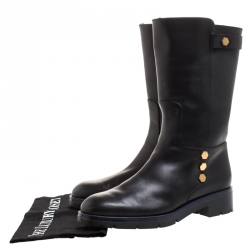 Pre Owned Tod's Black Leather Flat Mate Mid Calf Boots Size 37.5