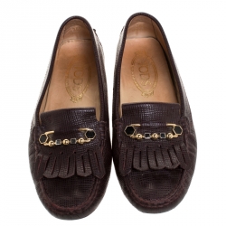 مملوكة مسبقًا Tod's Brown Lizard Embossed Leather Fringe Slip On Loafers Size 36.5