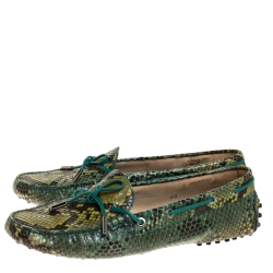 Pre Owned Tod's Green/Black Python Gommino Bow Loafers Size 40