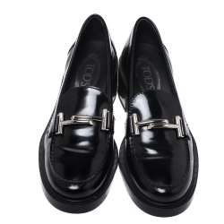 Pre Owned Tod's Black Leather Double T Loafers Size 38