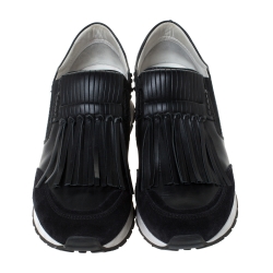 Pre Owned Tod's Black Leather and Suede Sportivo Fringed Sneakers Size 39.5