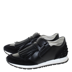 Pre Owned Tod's Black Leather and Suede Sportivo Fringed Sneakers Size 39.5