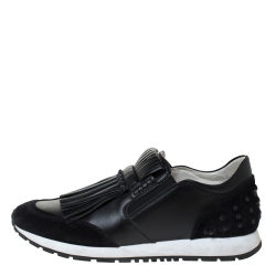 Pre Owned Tod's Black Leather and Suede Sportivo Fringed Sneakers Size 39.5