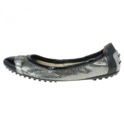 Pre Owned Tod's Silver and Black Patent Leather Buckle Ballet Flats Size 37