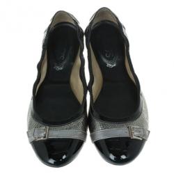 Pre Owned Tod's Silver and Black Patent Leather Buckle Ballet Flats Size 37