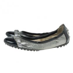 Pre Owned Tod's Silver and Black Patent Leather Buckle Ballet Flats Size 37