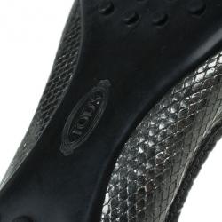 Pre Owned Tod's Silver and Black Patent Leather Buckle Ballet Flats Size 37