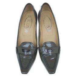 Pre Owned Tod’s Grey Patent Pointed Toe Penny Loafer Pumps Size 37