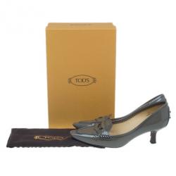 Pre Owned Tod’s Grey Patent Pointed Toe Penny Loafer Pumps Size 37