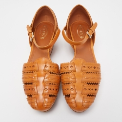 Pre Owned Tod's Brown Cutout Leather Ankle Strap Wedge Sandals Size 38.5