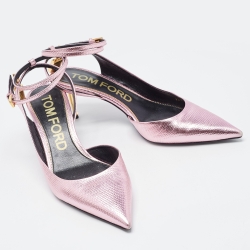 Pre Owned Tom Ford Metallic Pink Lizard Embossed Padlock Ankle Wrap Slingback Pumps Size 41