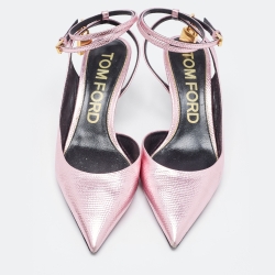Pre Owned Tom Ford Metallic Pink Lizard Embossed Padlock Ankle Wrap Slingback Pumps Size 41