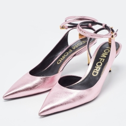 Pre Owned Tom Ford Metallic Pink Lizard Embossed Padlock Ankle Wrap Slingback Pumps Size 41