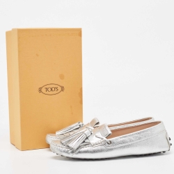 Pre Owned Tod's Metallic Silver Leather Fringe Tassel Details Slip On Loafers Size 41