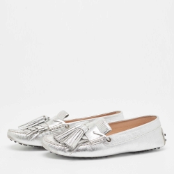 Pre Owned Tod's Metallic Silver Leather Fringe Tassel Details Slip On Loafers Size 41