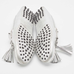 Pre Owned Tod's Metallic Silver Leather Fringe Tassel Details Slip On Loafers Size 41