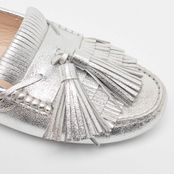 Pre Owned Tod's Metallic Silver Leather Fringe Tassel Details Slip On Loafers Size 41