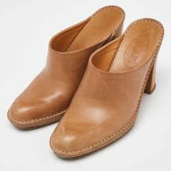 Tod's Beige Leather Block Heel Mules Size 36