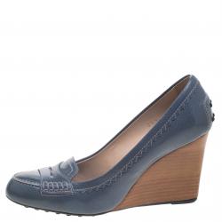 Pre Owned Tod's Powder Blue Patent Leather Wedge Loafer Pumps Size 35.5