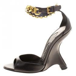 Pre Owned Tom Ford Black Leather Chain Embellished Ankle Strap Wedge Sandals Size 36