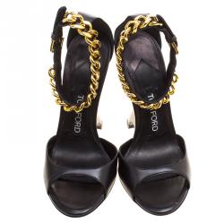 Pre Owned Tom Ford Black Leather Chain Embellished Ankle Strap Wedge Sandals Size 36