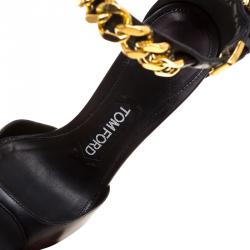 Pre Owned Tom Ford Black Leather Chain Embellished Ankle Strap Wedge Sandals Size 36